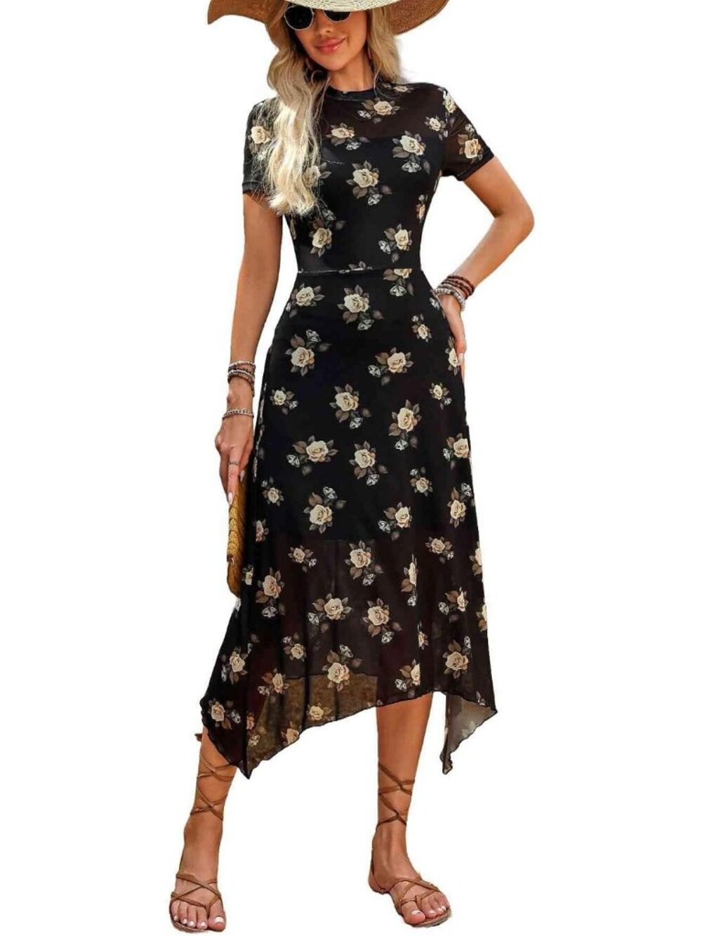 Women's Multicolored Sleeve Floral Mesh Elegant Vintage Irregular Midi Dress